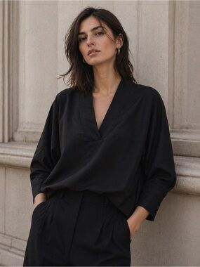 HARSHMAN Monica Popover Blouse NWT 100% Cotton Minimalist Rich Black Luxury Top